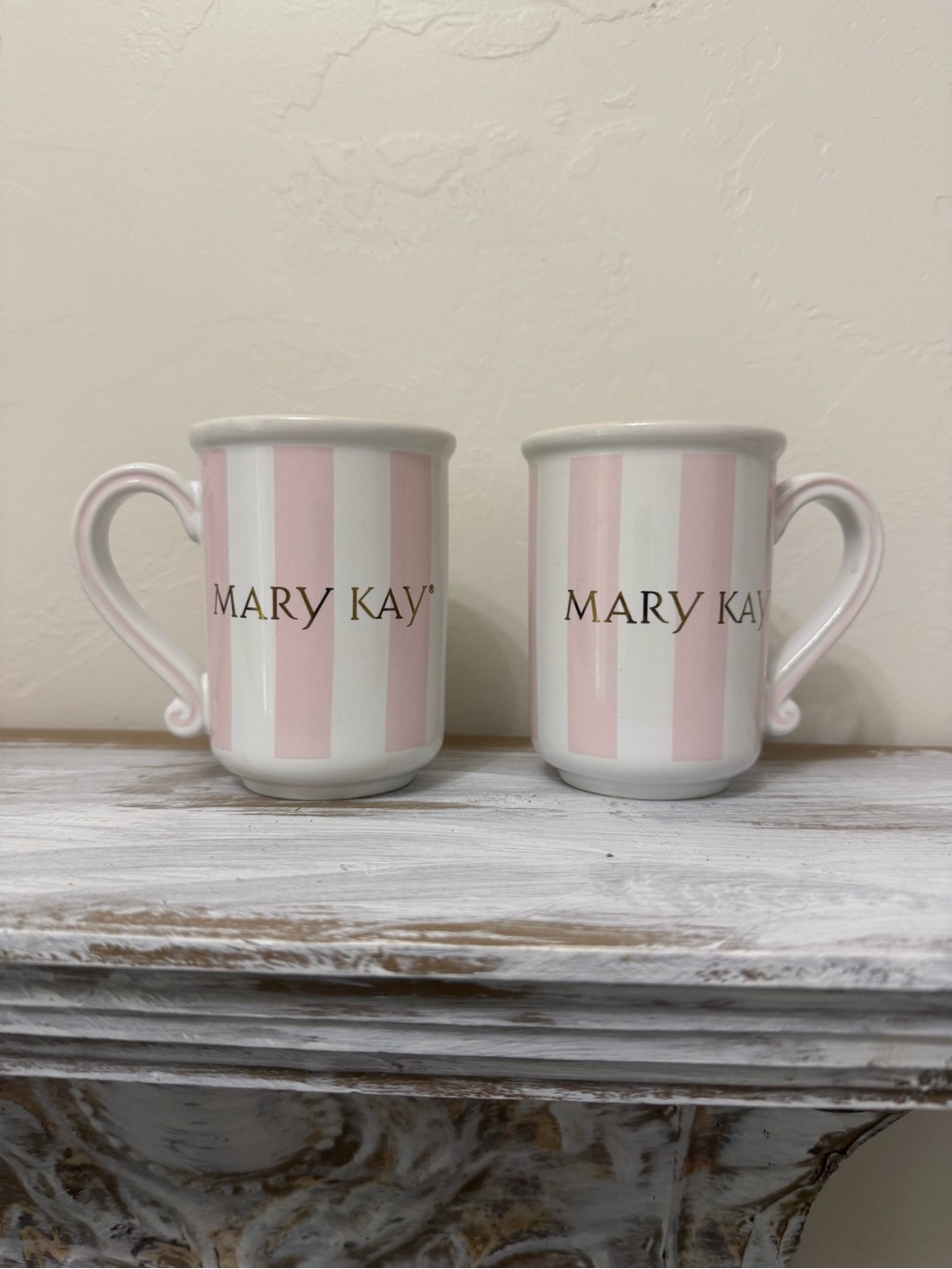 Pair of Mary Kay Pink & White Striped Mug with Gold Logo Collectible